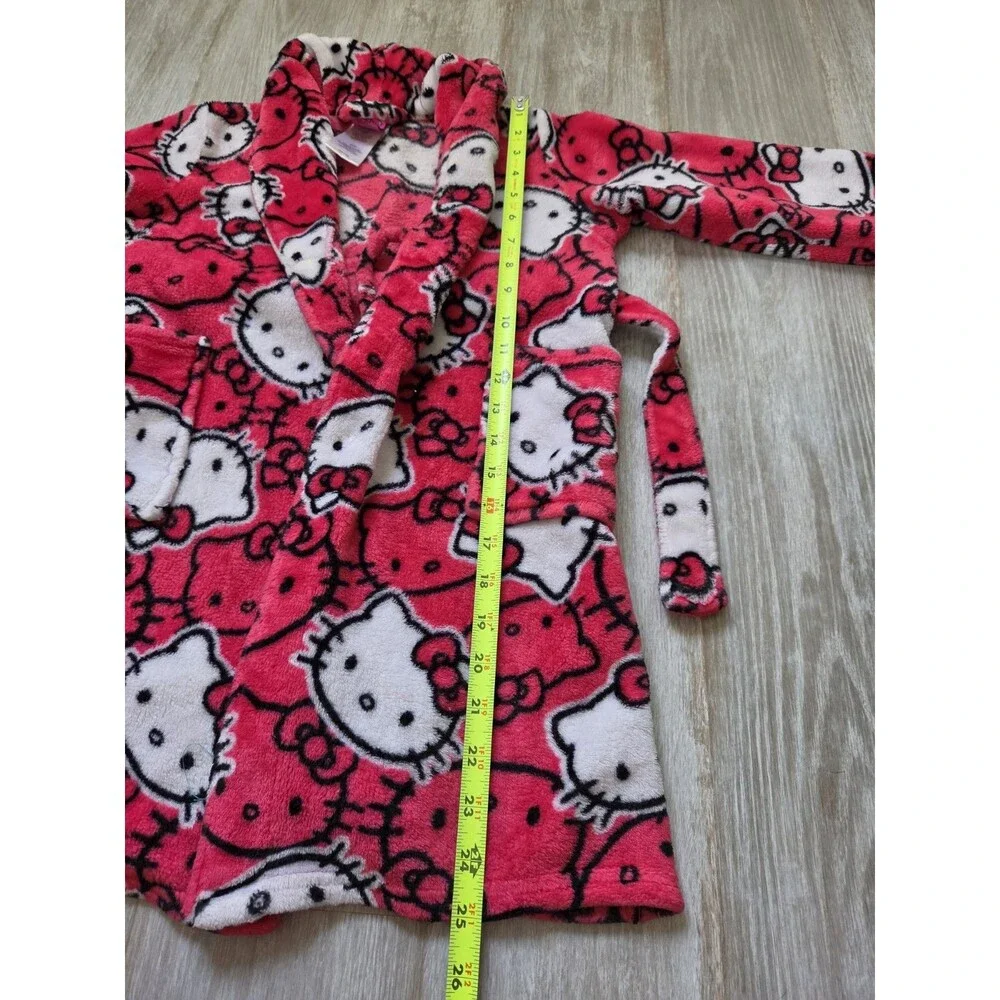 Hello Kitty Plush Fleece Bath Robe Pink Belted Kids Size 6 Cozy Sanrio EUC